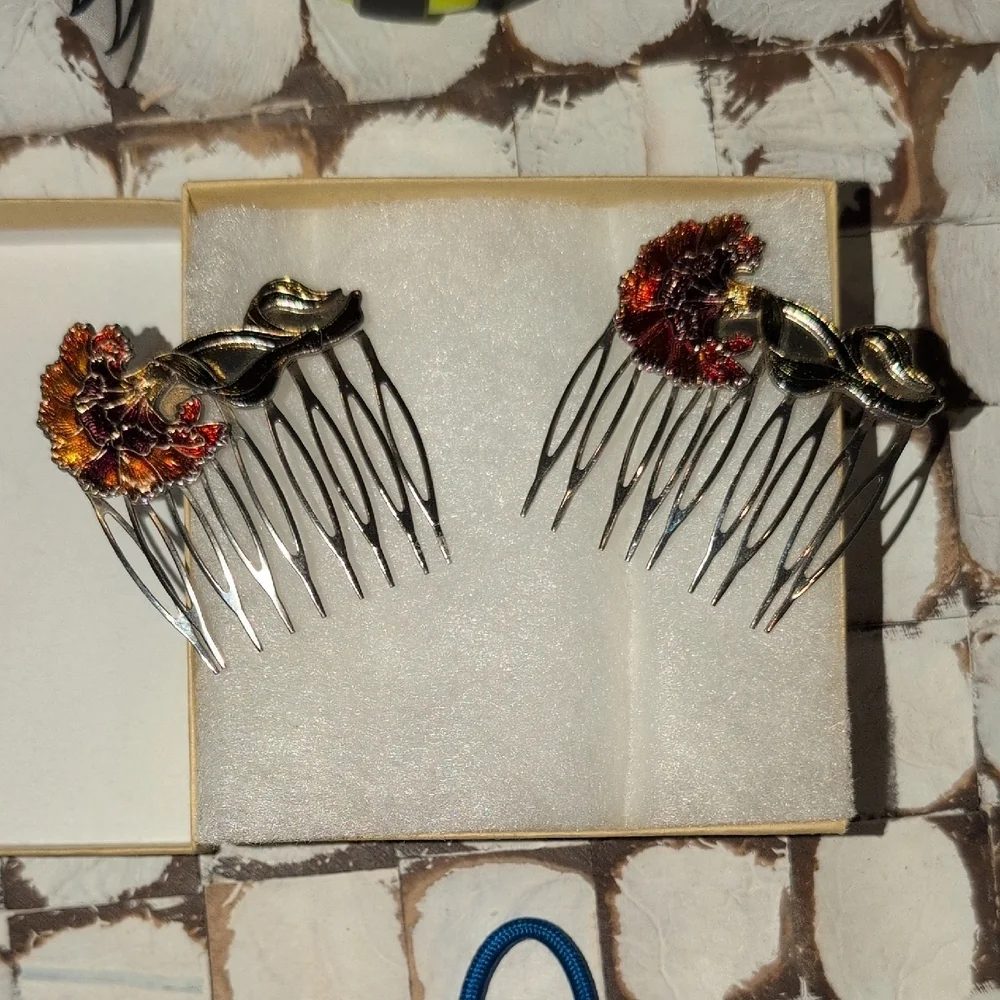 Vintage Cloisenne' Enamel Hair Comb Set